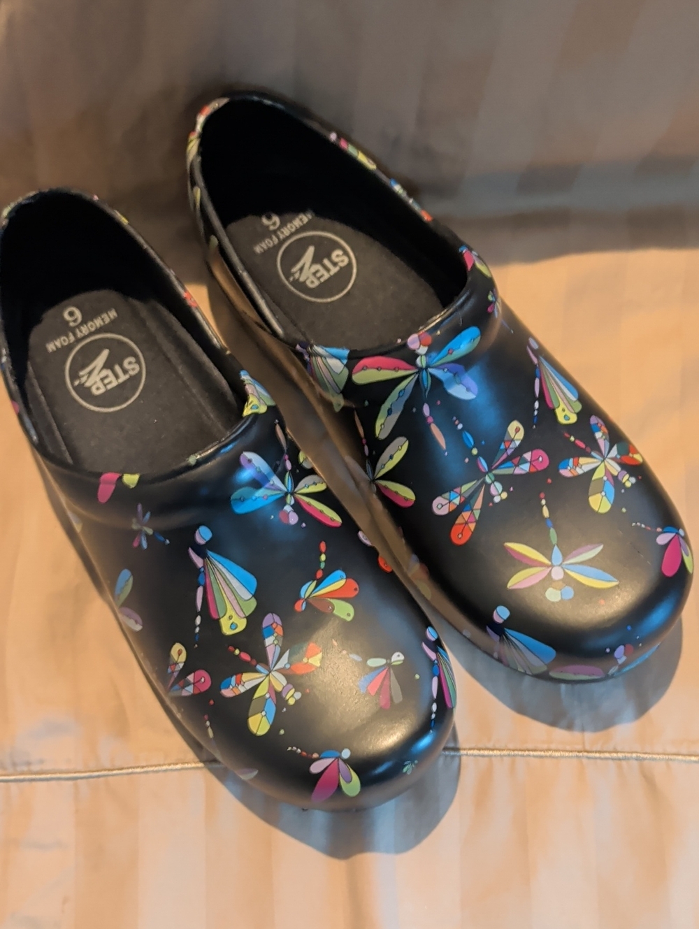 Stepz Black Printed Women's Mules with Multicolor Dragonfly Motif